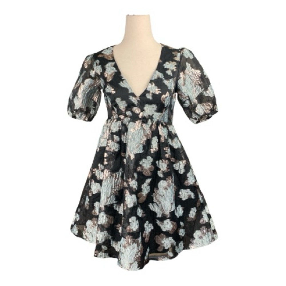 NWT June & Ivy Black Metallic Floral Baby Doll Summer Dress Mini Size XS